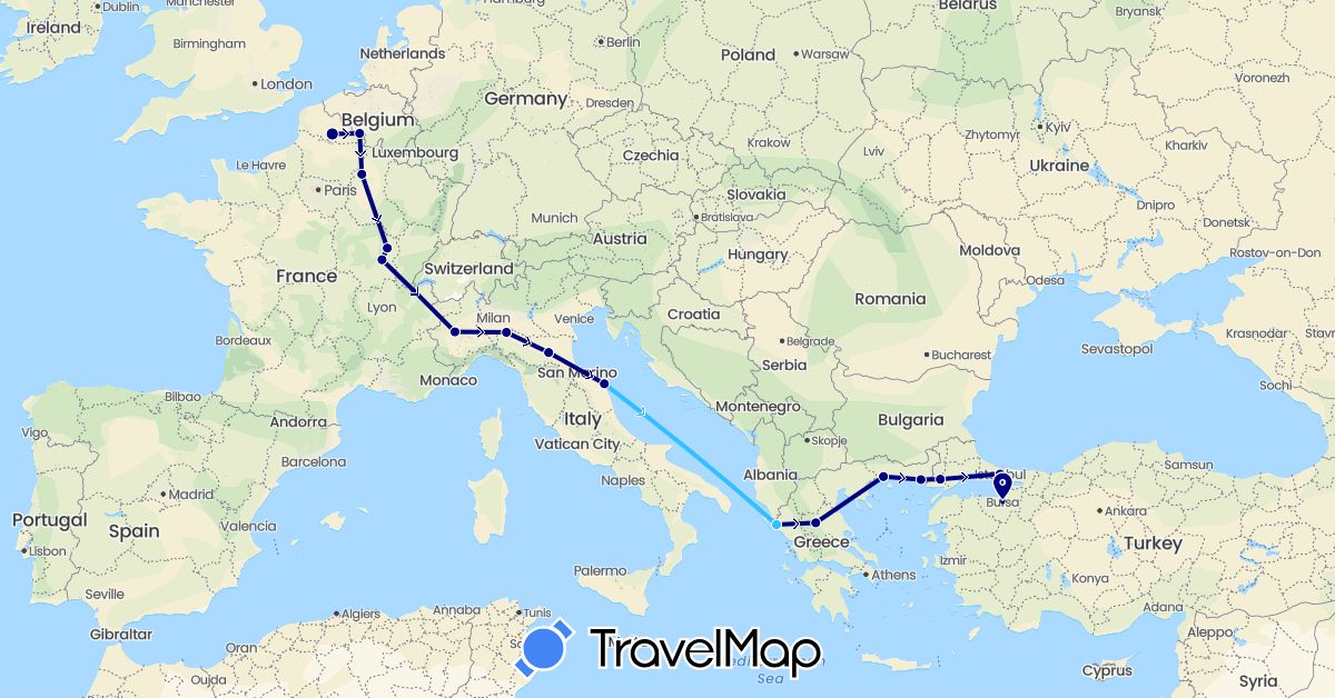 TravelMap itinerary: driving, boat in France, Greece, Italy, Turkey (Asia, Europe)